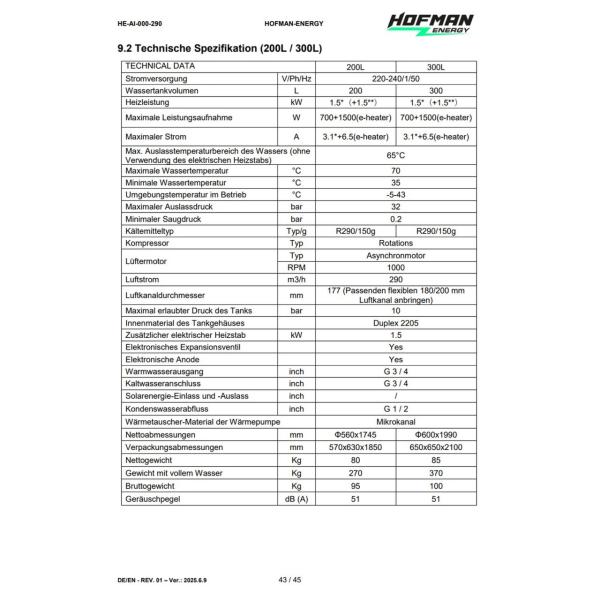 Brauchwasserwärmepumpe Avarma 190mit WLAN Smart Steuerung R290 200l, 1,5kW, 230V Hofman-Energy